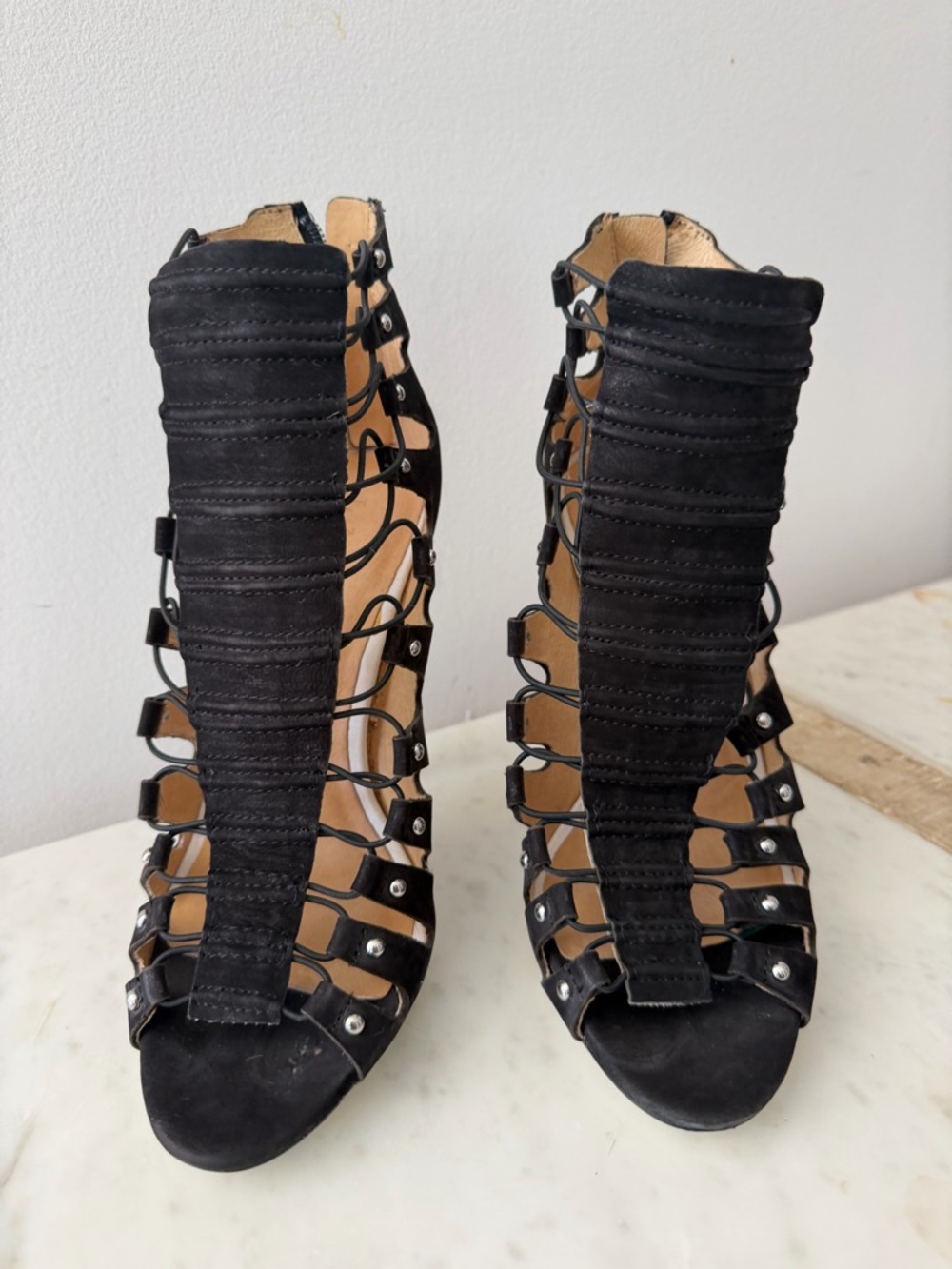 L.A.M.B. Black Cage Gladiator sandal with white stiletto heels